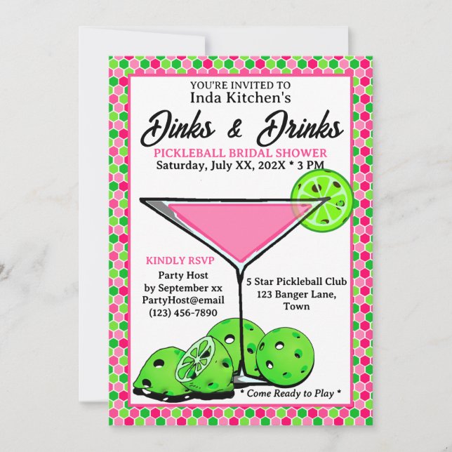 Convite Dinks e Drinks de Pickleball Favo de Mel Rosa (Frente)