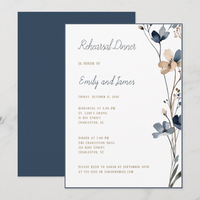 Convite Dinner Dusty Blue Beige Botanical Modern Wedding (Frente/Verso)