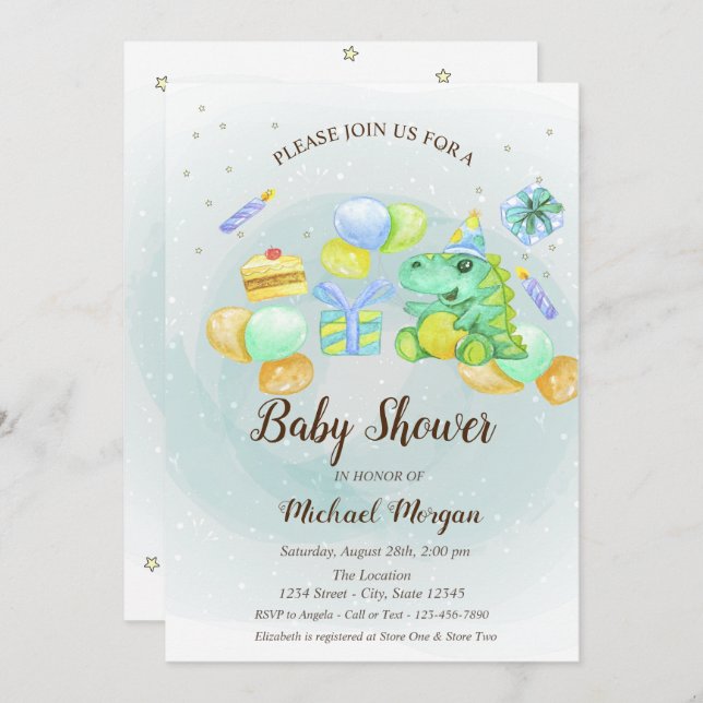 Convite Dino bonito presente, balões, bolo (Frente/Verso)