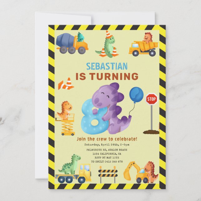 Convite Dino Crew 8º aniversário Construção Dinossauro (Frente)