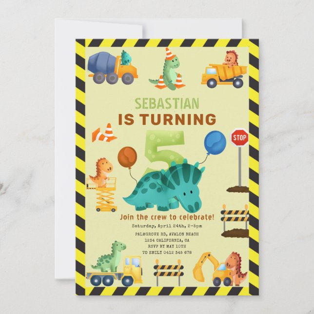 Convite Dino Crew Construction 5 Birthday Dinossaur (Frente)