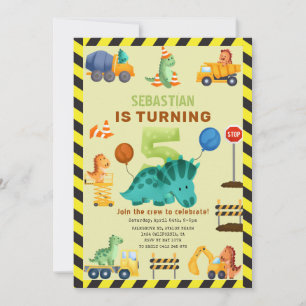 Convite Dino Crew Construction 5 Birthday Dinossaur