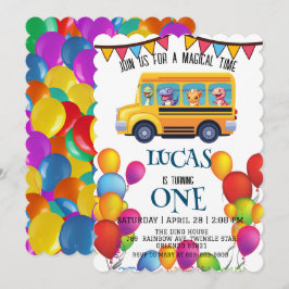 Convite Dino divertido volta ao ônibus escolar do menino a