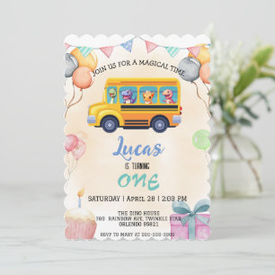 Convite Dino divertido volta ao ônibus escolar menino aniv