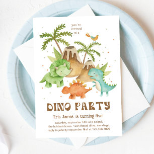 Convite Dino e Festa de aniversário de vulcão com aquarela