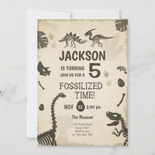Convite Dino Fóssil Dino Dig Nascido no Partido Dinossauro (Frente)
