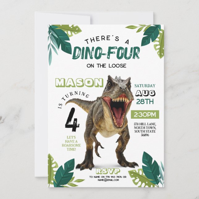 Convite Dino Four Birthday Dinosaur Roar T-Rex 4th (Frente)