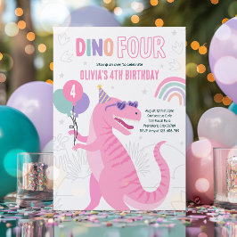 Convite Dino Four Pink T-Rex Dinossaur 4º Festa de Anivers