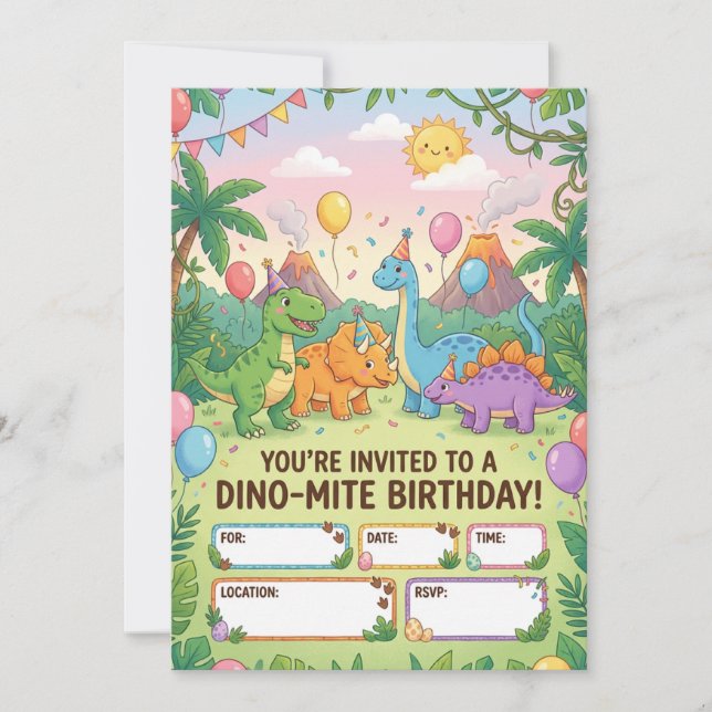 Convite Dino-Mite Kids Birthday Party Invitation (Frente)