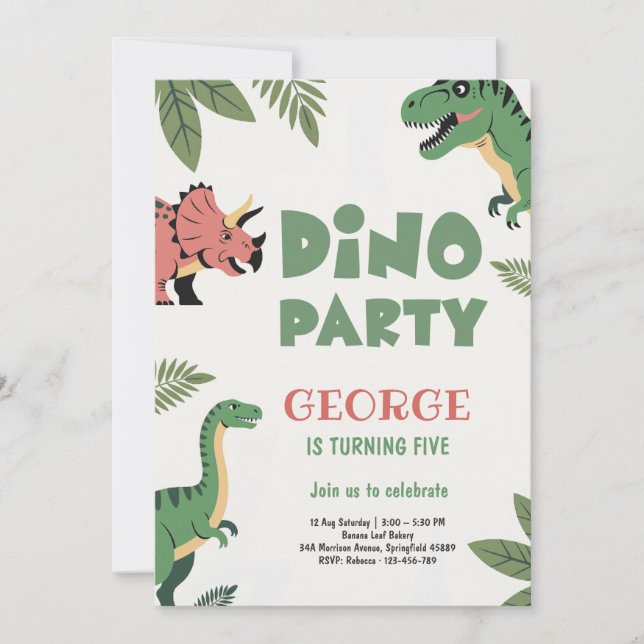 Convite Dino Party Cute Dinosaur 5th Birthday Party (Frente)