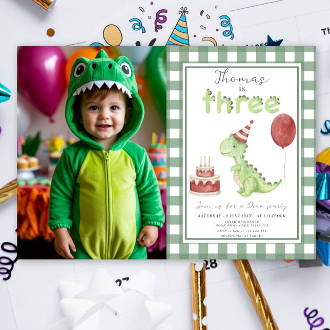 Convite Dino Party | Cute Dinosaur Three-Rex Birthday (Criador carregado)