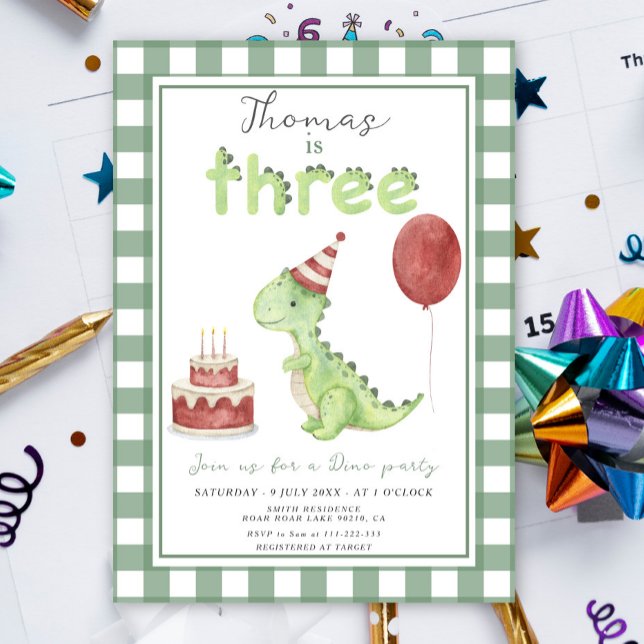 Convite Dino Party | Cute Dinosaur Three-Rex Birthday (Criador carregado)