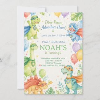 Convite Dino Power Adventure Hour Watercolor Dinosaur