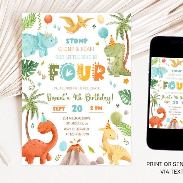 Convite Dino Quatro Quarta Festa de aniversário 4º Anivers (Criador carregado)