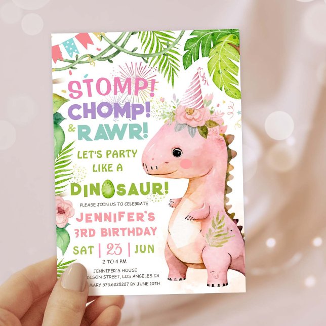 Convite Dino Rosa Rosa Rosa Bonito do aniversário de 3 ano (#DinosaurBirthdayInvitation #DinosaurBirthdayInvite #GirlDinosaurBirthdayInvitation
)