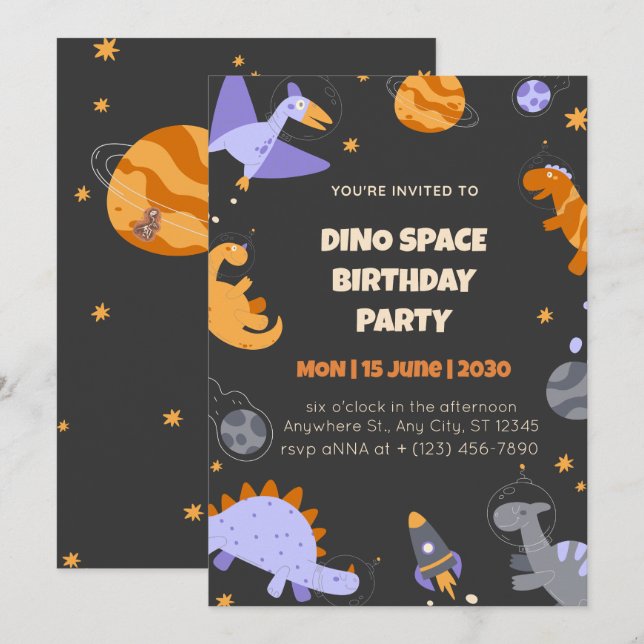 Convite Dino Space Birthday Invitation for Boys Editable (Frente/Verso)