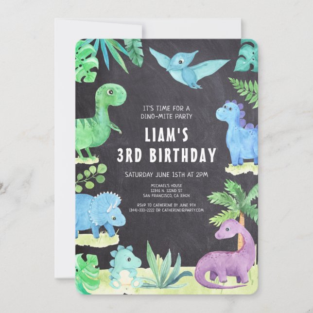Convite Dino Three Trex Boy 3rd Dinosaur Aniversário (Frente)