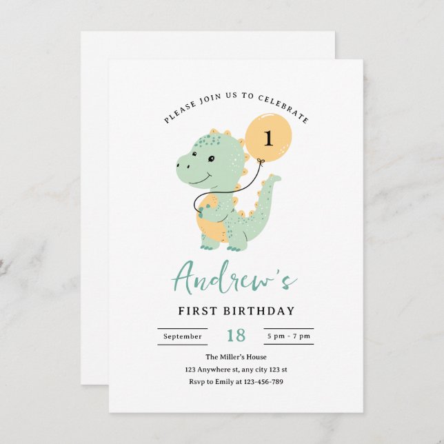 Convite Dinosaur 1st Birthday Invitation, Minimalist T rex (Frente/Verso)