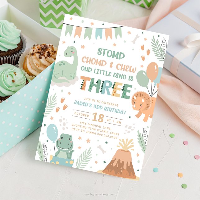 Convite Dinosaur 3rd Birthday Invitation Download. Cute Ba (Criador carregado)