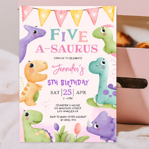 Convite Dinosaur 5º Aniversário Rosa Fofo Quatro A-Saurus