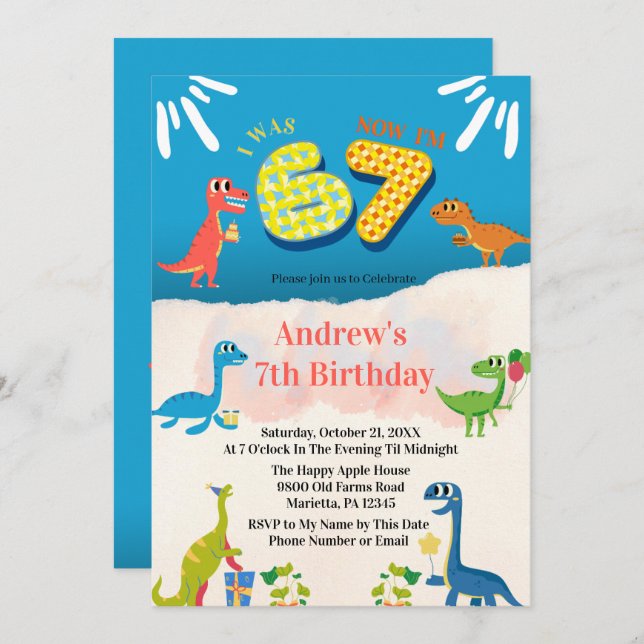 Convite Dinosaur 7th Birthday Party I Was 6 Now I'm 7 (Frente/Verso)