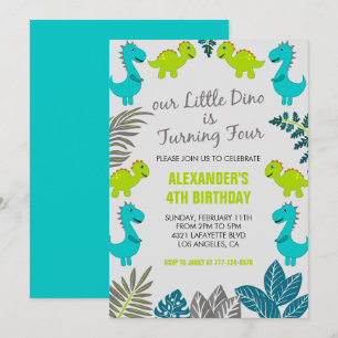 Convite Dinosaur aniversário de 4 anos selva verde t rex f