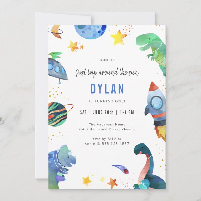 Convite Dinosaur Astronaut Outer Space Birthday Invitation (Frente)