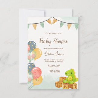 Convite Dinosaur Baby Shower Invitation | Green & Yellow 