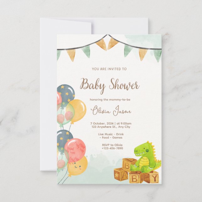 Convite Dinosaur Baby Shower Invitation | Green & Yellow  (Frente)