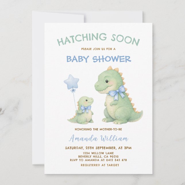 Convite Dinosaur Baby Shower invitation Hatching Soon (Frente)
