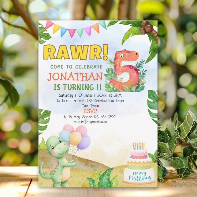 Convite Dinosaur Birthday 5th for Boys | Rawr Dinosaur  (Criador carregado)