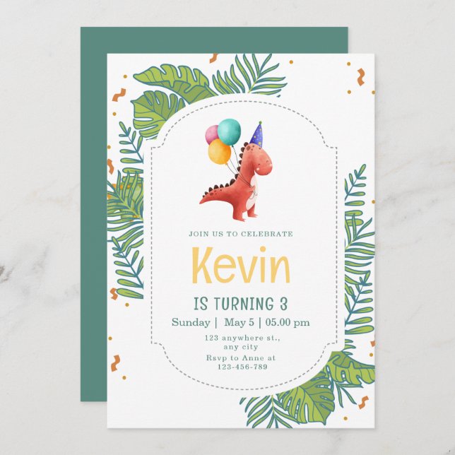 Convite Dinosaur Birthday Invitation, Three Rex Birthday (Frente/Verso)