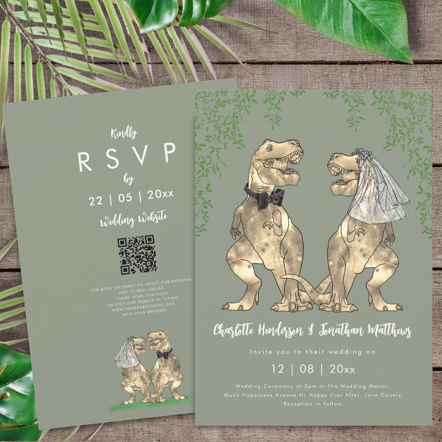 Convite Dinosaur Bride & Groom Sage Green Wedding QR Code  (T-Rex bride and groom dinosaur sage green wedding qr code invitation )