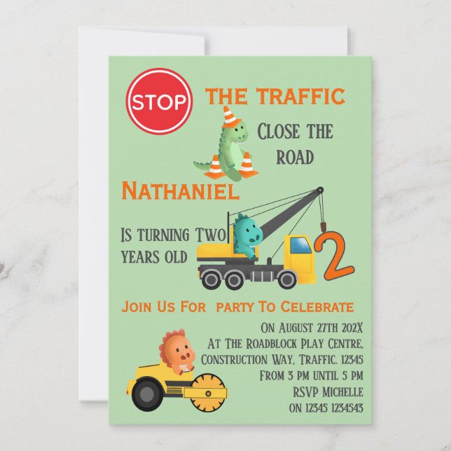 Convite Dinosaur Construction Vehicle 2nd Birthday Party (Frente)