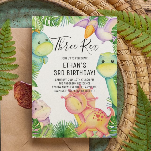 Convite Dinosaur de Aquarela Três Rex Aniversário de 3 ano (Criador carregado)