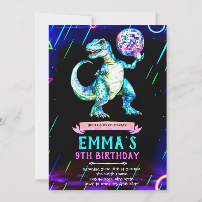 Convite Dinosaur disco dance party invitation (Frente)
