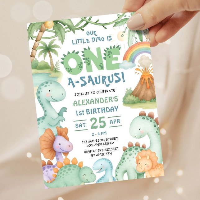 Convite Dinosaur First Birthday Cute Dino Invitation  (Criador carregado)