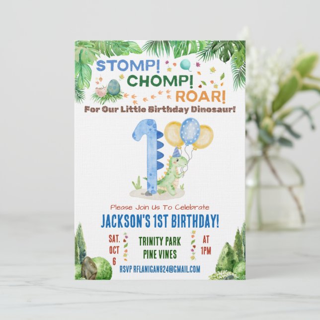 Convite Dinosaur First Birthday Party Invitation (Em pé/Frente)