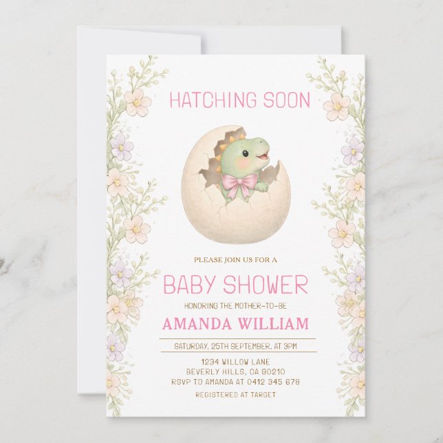 Convite Dinosaur Hatching Soon Baby Shower Invitation (Frente)