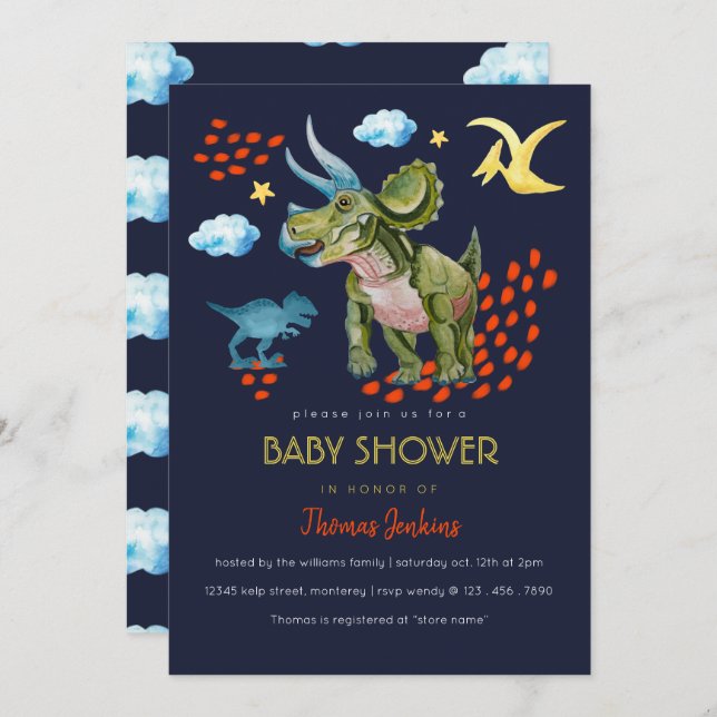 Convite Dinosaur in watercolor Baby Shower invite. (Frente/Verso)