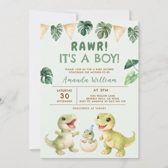 Convite Dinosaur It's a Boy Dinosaur Baby Shower (Frente)