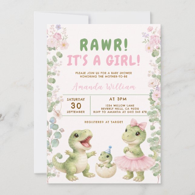 Convite Dinosaur It's a Girl Dinosaur Baby Shower (Frente)