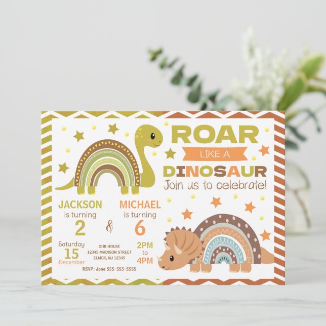 Convite Dinosaur Joint Birthday Invitation for Siblings (Em pé/Frente)