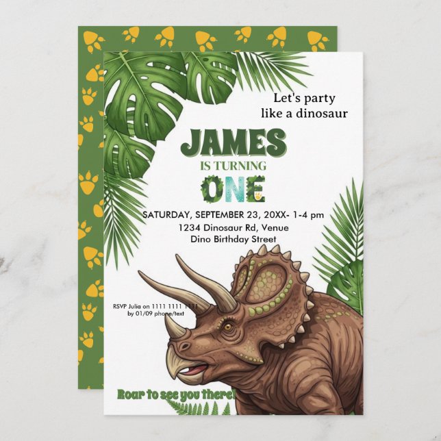 Convite Dinosaur Jungle 1st Birthday Invitation  (Frente/Verso)