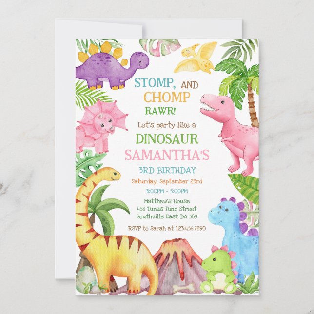 Convite Dinosaur Kids Birthday Invitation (Frente)