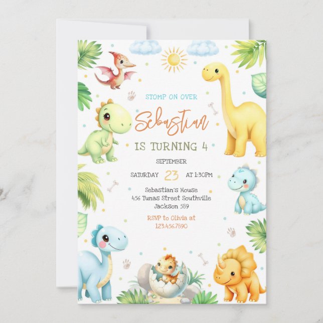 Convite Dinosaur Kids Birthday Invitation (Frente)