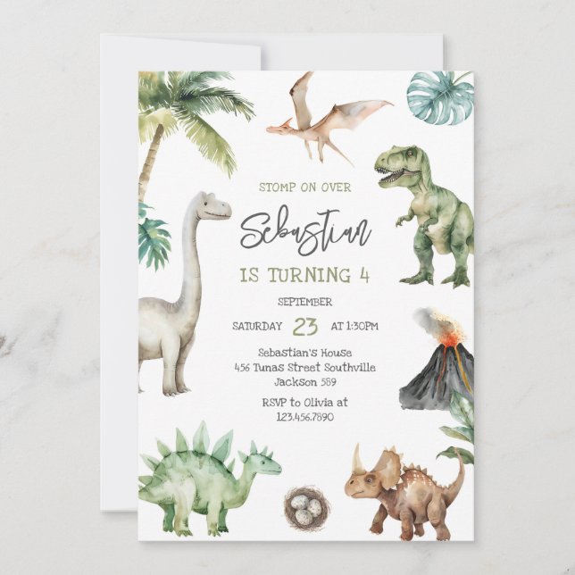 Convite Dinosaur Kids Birthday Invitation (Frente)