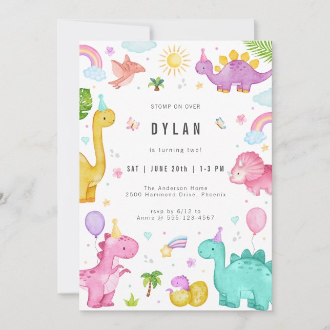 Convite Dinosaur Kids Birthday Party Invitation (Frente)