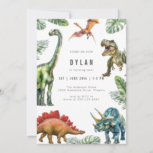 Convite Dinosaur Kids Watercolor Birthday Invitation (Frente)