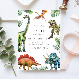Convite Dinosaur Kids Watercolor Birthday Invitation